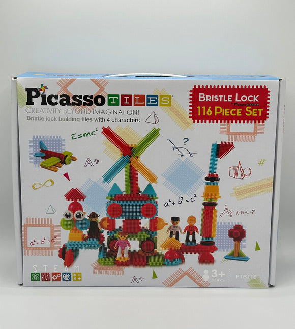The Picasso Tiles 116 piece bristle lock set. It includes a picture of each of the blocks included in red, blue, yellow, and green, and each of the people included (a girl in a pink shirt, a police man, a boy in a hardhat and red shirt, and a cowboy)