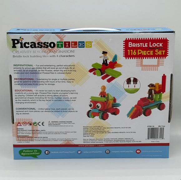 The back of the Picasso Tiles 116 piece bristle lock set. It includes more examples of what you can build with the blocks (the policeman riding an airplane, the cowboy riding a train, and the construction man riding a truck). It also includes a blurb on how they are inspirational, recreational, educational, and conventional.
