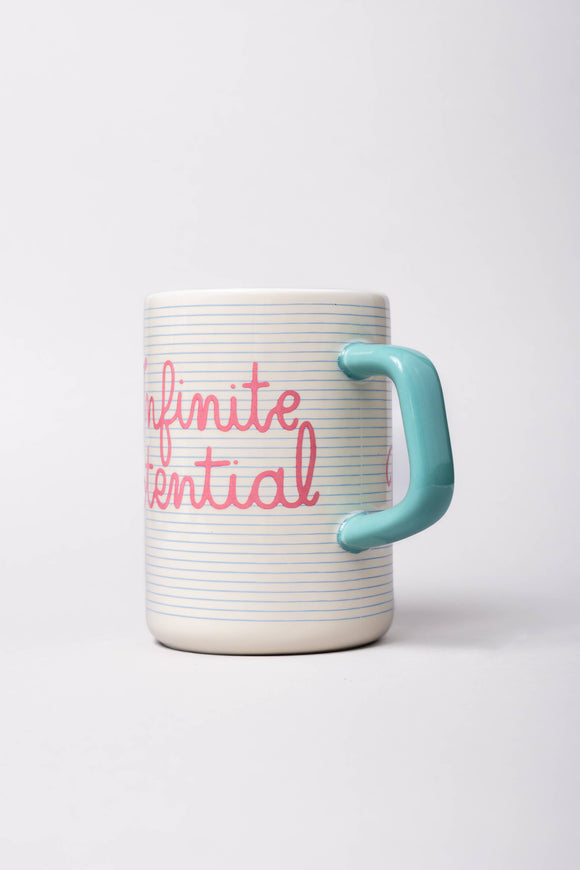 Mug with 'Infinite Potential' text and a turquoise handle on a white background