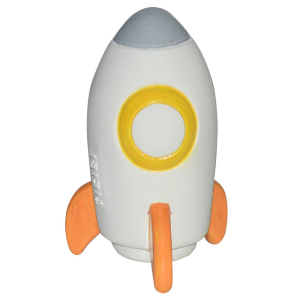 Toy rocket shaped like a space shuttle with orange feet, yellow ring, and gray top on a white background