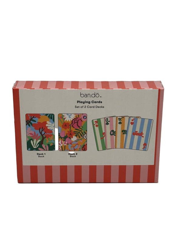 The back of the Ban-do playing cards box. It says, "set of 2 card decks" and has pictures of the floral patterns on the back of each of the deck. The face of the cards are green and white striped, pink and white striped, yellow and white striped, and blue and white stripes with green or red writing.
