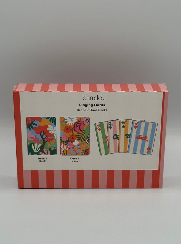 The back of the Ban-do playing cards box. It says, "set of 2 card decks" and has pictures of the floral patterns on the back of each of the deck. The face of the cards are green and white striped, pink and white striped, yellow and white striped, and blue and white stripes with green or red writing.
