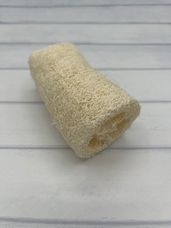 A natural loofah. It is a cream cylinder, with hole-y cutouts in the center.