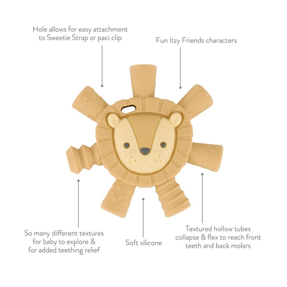 Tan lion silicone Ritzy Teether with 7 different textured spikes coming off of its mane. There are 5 blurbs that read, "Hole allows for easy attachment to Sweetie Strap or paci clip," "Fun Itzy Friends character," "So many different textures for baby to explore & for added teething relief," "Soft silicone," and, "Textured hollow tubes collapse & flex to reach front teeth and back molars".
