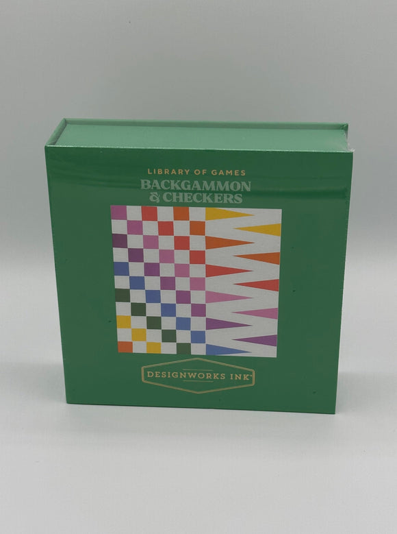 A green box that says, "Backgammon & Checkers" with a rainbow board that is half checkers and half backgammon
