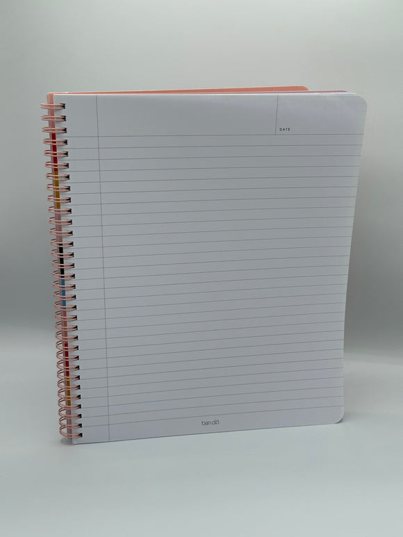 The inside of the Ban-do Be Nice Have Fun spiral-bound notebook. It has whited lined paper.
