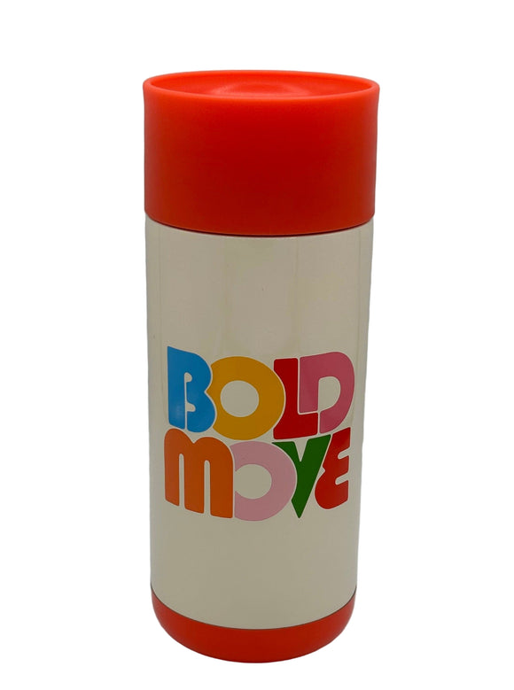 The Ban-do Bold Move mug. It is cream with a red lid and red bottom with writing that says, "Bold Move" with alternating blue, yellow, red, dark pink, orange, light pink, and green letters.