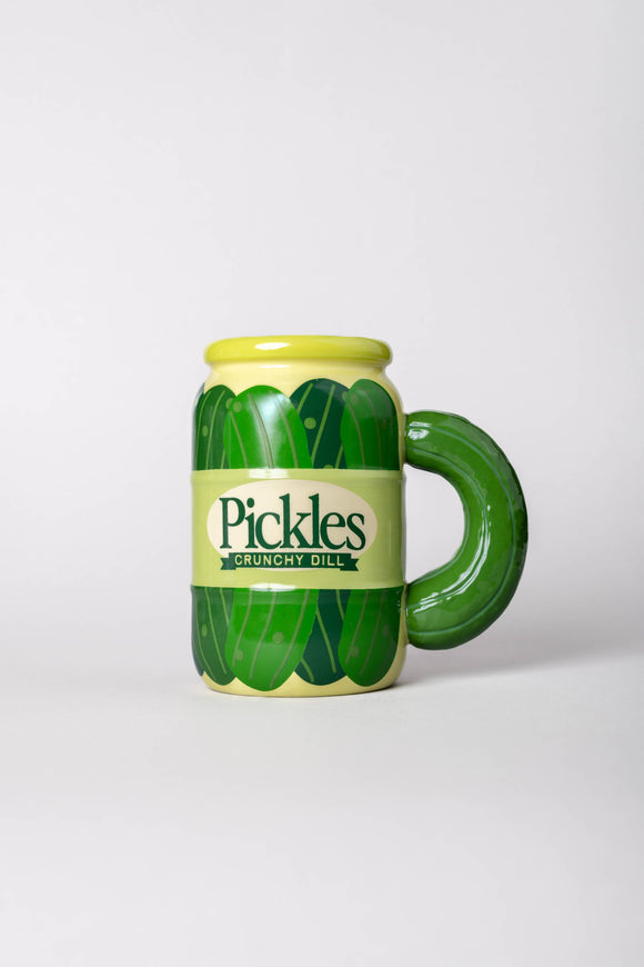 Pickle-shaped mug with a green lid and handle on a white background