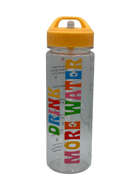 A clear water bottle with a yellow lid. It says, "Drink more water" in alternating green, blue, pink, red, yellow, and orange letters vertically up the side.