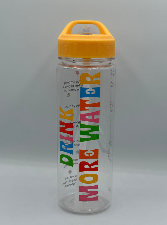 A clear water bottle with a yellow lid. It says, "Drink more water" in alternating green, blue, pink, red, yellow, and orange letters vertically up the side.
