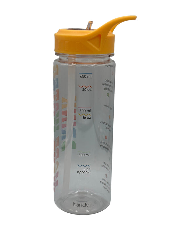 A clear water bottle with a yellow lid. Showcases the markings along the side of the bottle for 8 oz, 300 mL, 16 ox, 500 mL, 20 oz, and 650 mL. The oz markings are shown by squiggly lines and the mL markings are shown by straight lines.