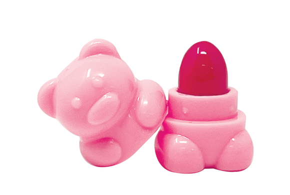 Pink bear-shaped container with a pink lipstick on a white background