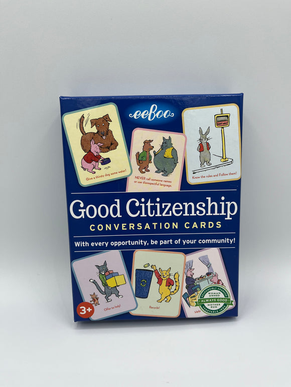 The Eeboo Good Citizenship Conversation Cards. The box is dark blue with photos of the cards. Each card showcases an animal performing a good deed and says what they are doing.