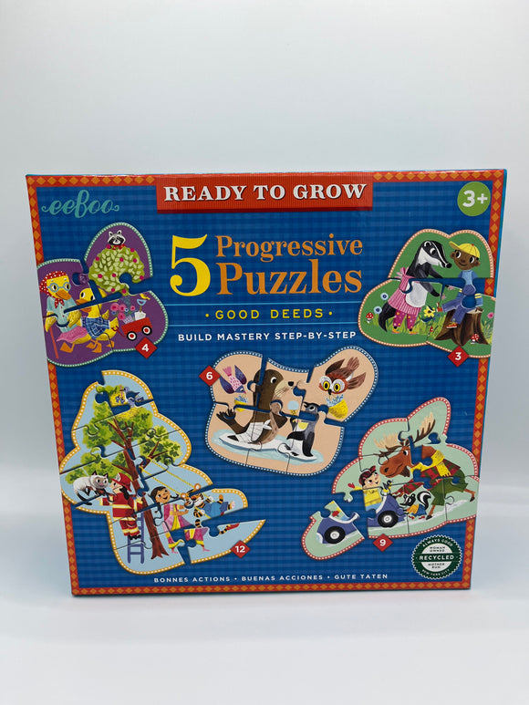 The front of the Eeboo Good Deed Puzzle box. It is dark blue gingham print with a read border. It contains pictures of all 5 of the puzzles and says, "5 Progressive Puzzles Good Deeds Build Mastery Step-by-Step" in yellow, orange, and white.