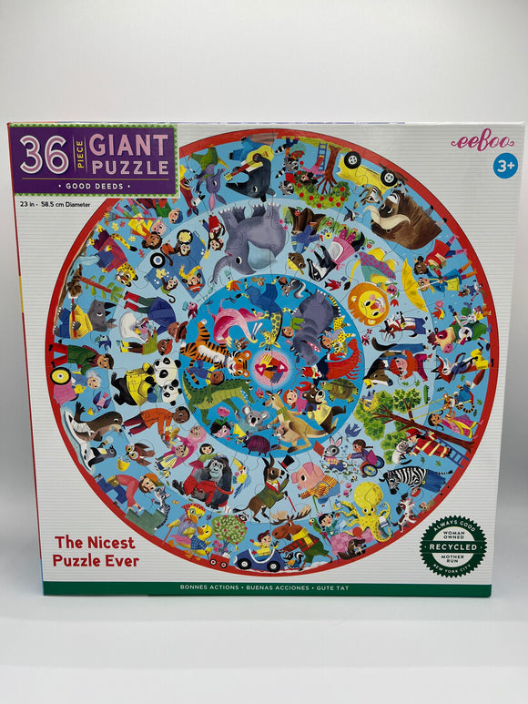The front of the Eeboo Good Deeds Round Puzzle box. The box is white and says, "36 piece giant puzzle" in a purple box in the corner and contains a picture of the puzzle. The puzzle a light blue circle with various different animals on it.