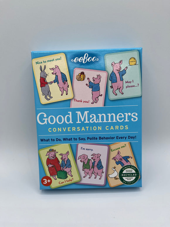 The front of the Eeboo Good Manners Cards box. The box is light blue and says, "Good Manners Conversation Cards" and contains pictures of the cards inside the box. Each card contains an animal showcasing good manners.