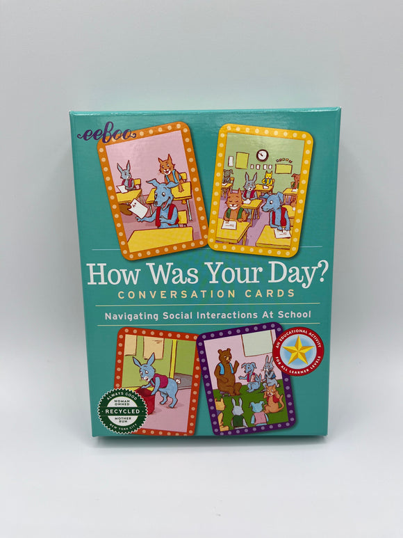 A teal box that says, "How Was Your Day? Conversation Cards Navigating Social Interactions at School. It has 4 examples of cards inside the box. Each card shows an animal performing a different task at school.