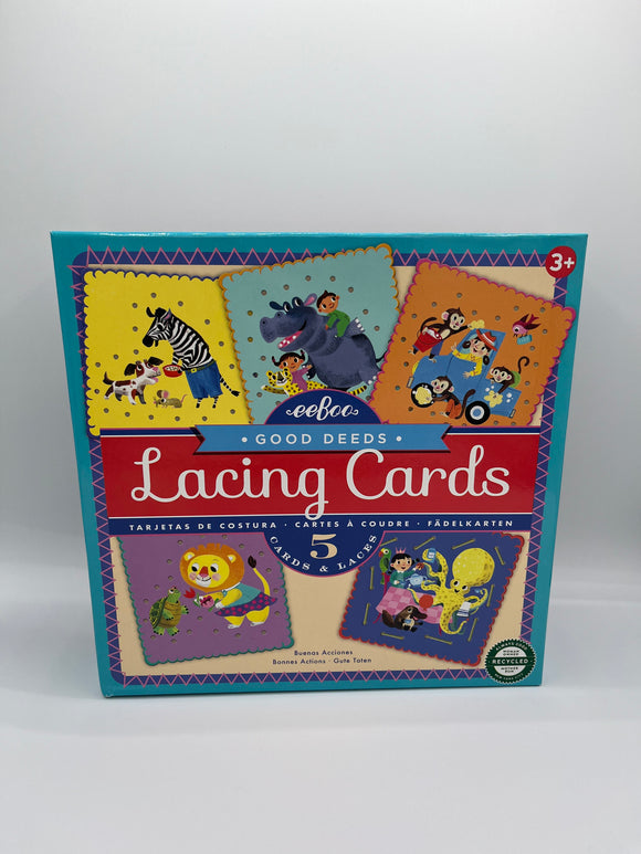 The front of the Eeboo Good Deed lacing cards box. It contains photos of all 5 cards it comes with. Each card is a different color with an animal doing a different activity.
