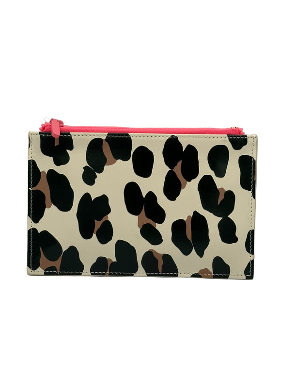 Tan, brown, and black cheetah print pencil pouch with a neon pink zipper.