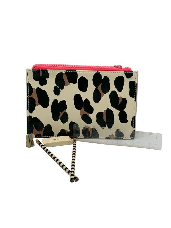 Tan, black, and brown cheetah print pencil pouch with a neon pink zipper. There is a small pencil sharpener, a tan eraser, two tan and black strip pencils, and a clear ruler with gold markings.