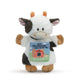 Plush cow toy with a 'Old MacDonald had a farm' t-shirt on a white background