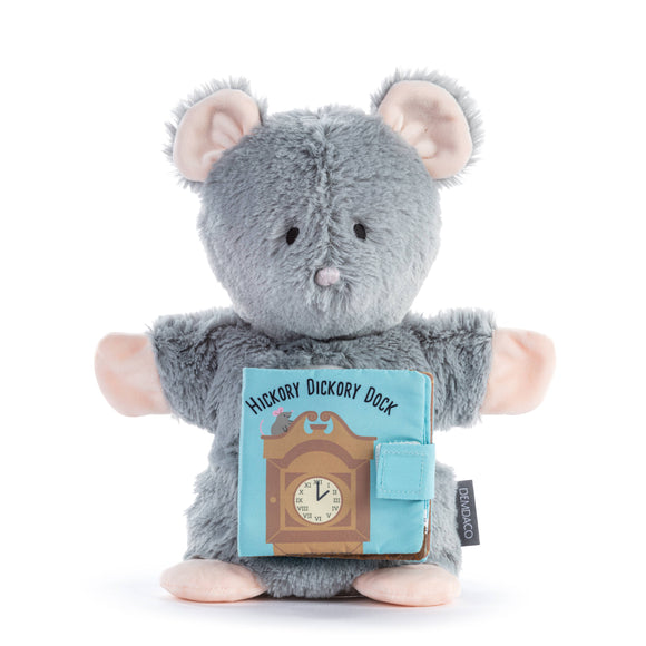 Plush toy mouse holding a book titled 'Hickory Dickory Dock' on a white background