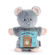 Plush toy mouse holding a book titled 'Hickory Dickory Dock' on a white background