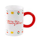 White mug with red handle, decorative elements, and text on a white background
