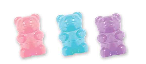 Three gummy bear-shaped containers in pink, blue, and purple on a white background