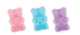 Three gummy bear-shaped containers in pink, blue, and purple on a white background