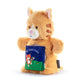 Plush toy cat holding a book on a white background