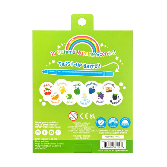 Green packaging of Yummy Yummy Scents with colorful illustrations and text.