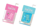 Two lip oil containers, one pink with a strawberry design and one blue with a coconut design, on a white background.