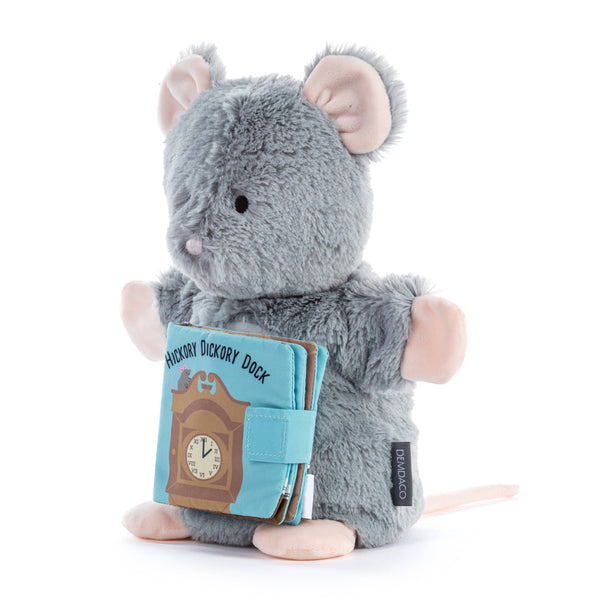 Plush mouse toy holding a book titled 'Hickory Dickory Dock' on a white background