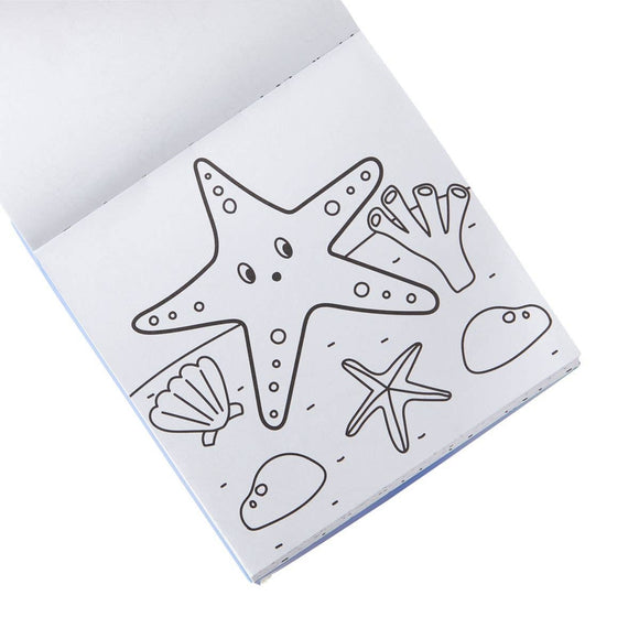 Coloring book with ocean-themed illustrations on a white background