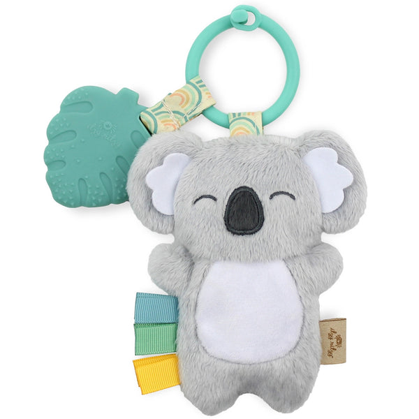 Grey koala plush with blue, green and yellow ribbon tags on its side. It is attached to a teal ring with a plastic teal leaf also attached to it.
