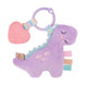 Purple dinosaur plush with pink spots and light blue spikes going down its back with pink, orange, and teal ribbon tags. The dinosaur is attached to a purple ring with a plastic pink heart also attached to it.