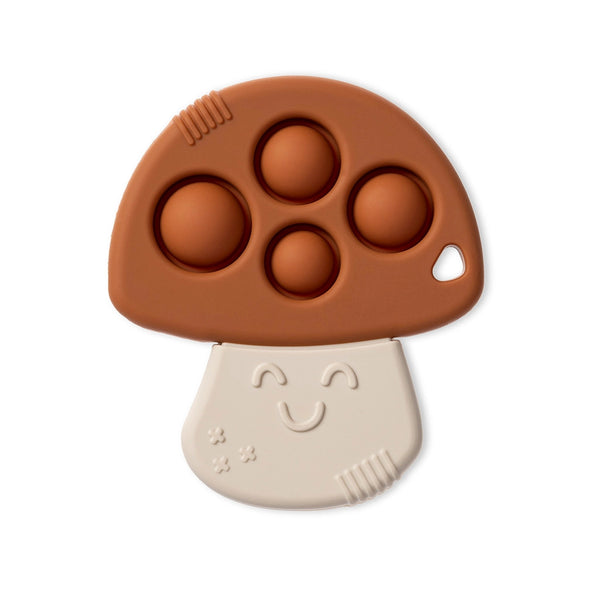 Mushroom Itzy Pop that has a rust color top with 4 popping bubbles and a tan color stem with that has a smiling face.