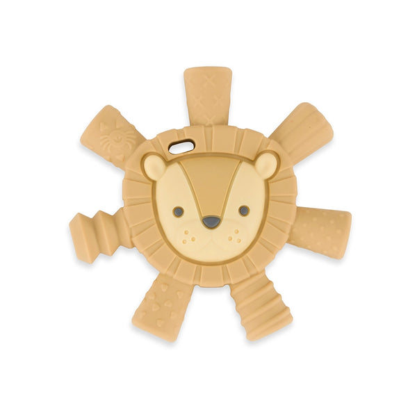 Tan lion silicone Ritzy Teether. There are 7 different textured spikes coming off of its mane and a hole to attach a string or strap.