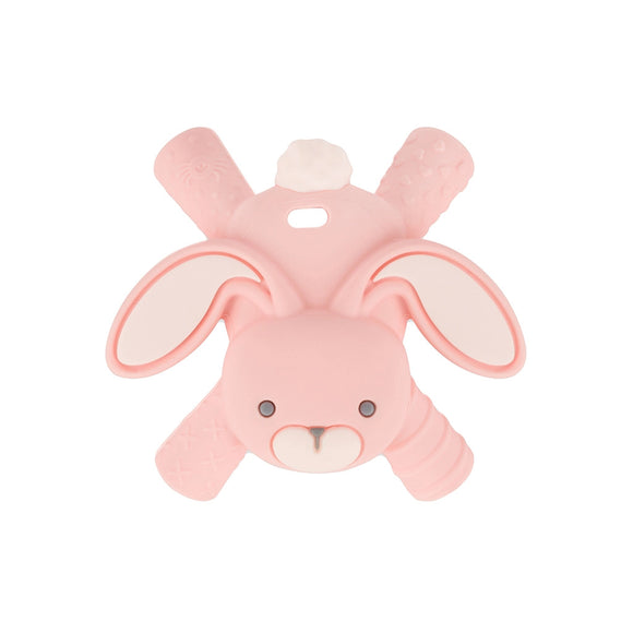 Pink bunny silicone Ritzy Teether. There are 4 different textured legs coming off of each corner and a hole to attach a string or strap.