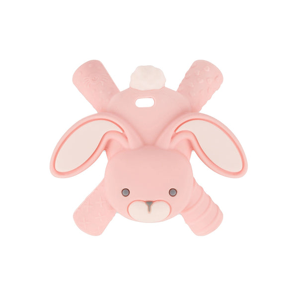 Pink bunny silicone Ritzy Teether. There are 4 different textured legs coming off of each corner and a hole to attach a string or strap.