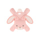 Pink bunny silicone Ritzy Teether. There are 4 different textured legs coming off of each corner and a hole to attach a string or strap.