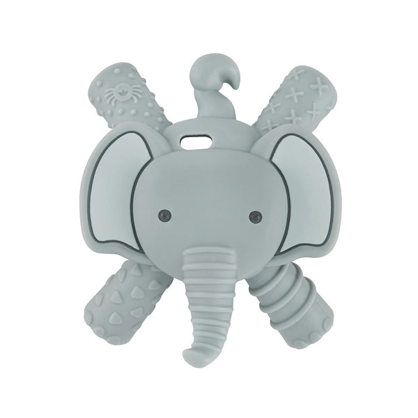 Grey elephant silicone Ritzy Teether. There are 4 different textured legs coming off of each corner and a hole to attach a string or strap.