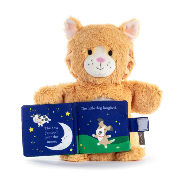 Plush toy cat holding a children's book with a white background
