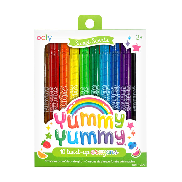 Pack of colorful crayons with 'Yummy Yummy' branding on a white background