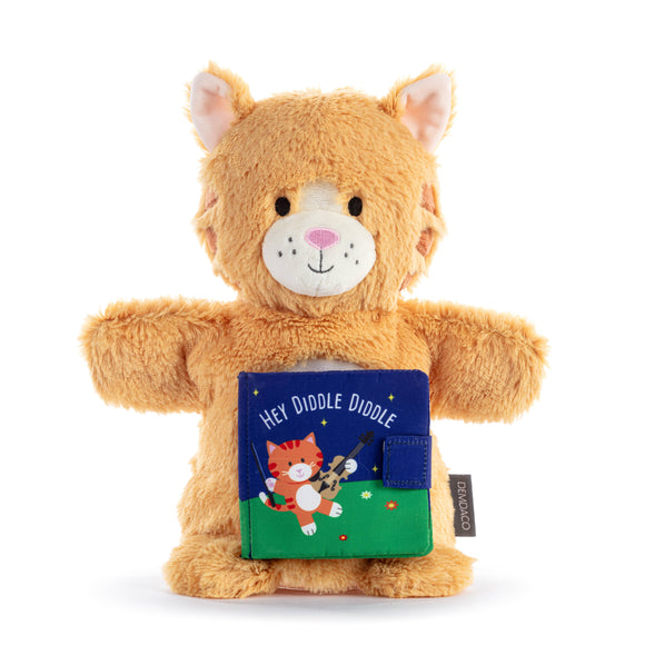 Plush toy cat holding a book titled 'Hey Diddle Diddle' on a white background