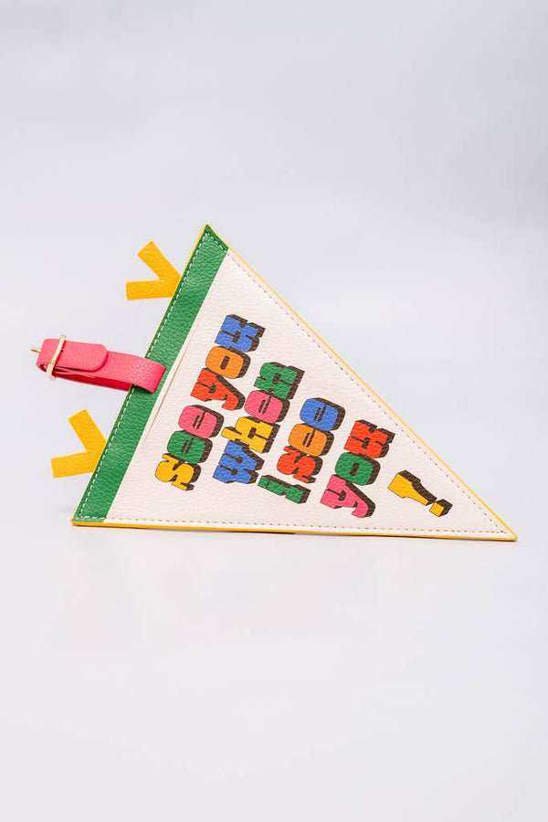 Triangle-shaped educational toy with colorful letters on a white background