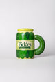 Pickle-shaped mug with a green lid and handle on a white background