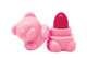 Pink bear-shaped container with a pink lipstick on a white background