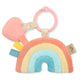 Peach, yellow, light blue, and teal plush rainbow with peach, yellow, and blue ribbon tags on the side. It is attached to a pink ring that also has a plastic pink heart attached to it.
